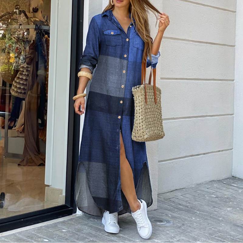 Levoire | Robe Chemise Longue À Carreaux Élégante Pour Femmes Bleu