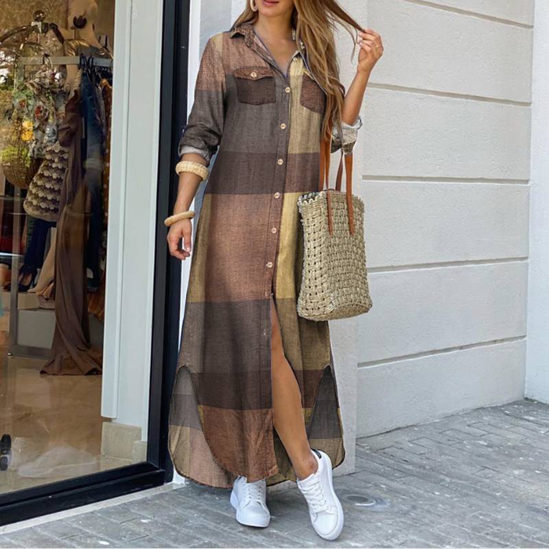 Levoire | Robe Chemise Longue À Carreaux Élégante Pour Femmes Braun