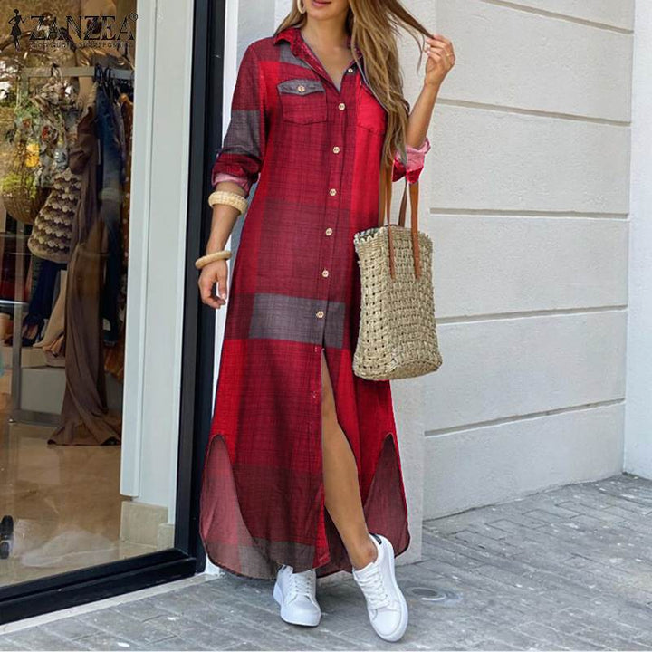 Levoire | Robe Chemise Longue À Carreaux Élégante Pour Femmes Rot