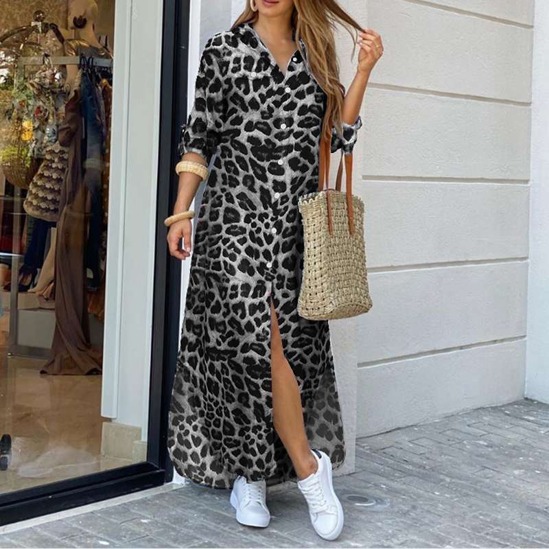 Levoire | Vintaged Leopard Maxi Robe Avec Manches Longues Gris