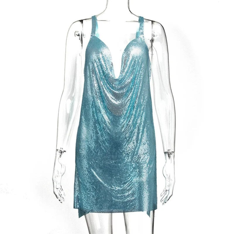 Levoire | Chaîne Métallique Halterneck Mini Robe Sans Métal Bleu ciel Une taille