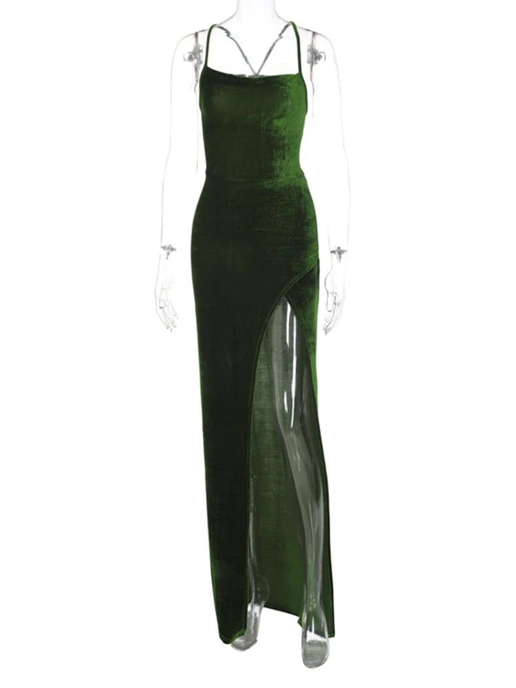 Levoire | Robe Maxi En Velours Vert Avec Cordon Au Dos