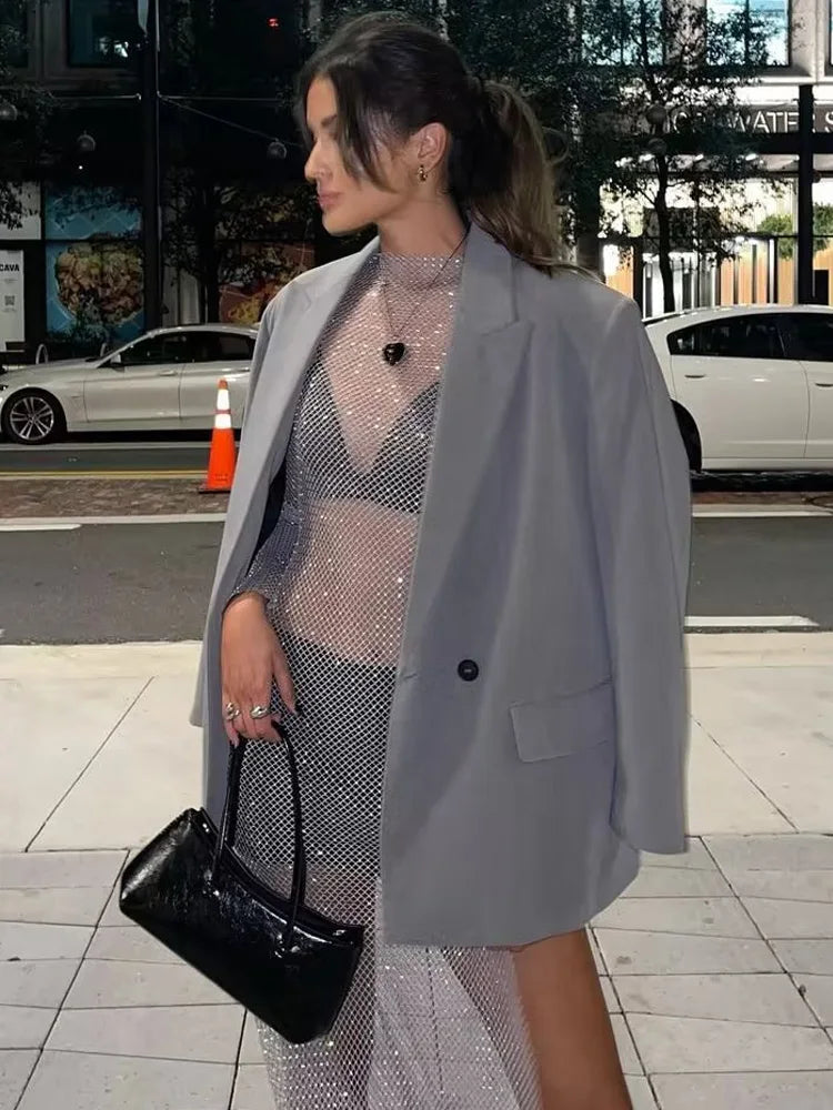 Levoire | Blazer Long Tendance Grande Taille Pour Femmes Gris