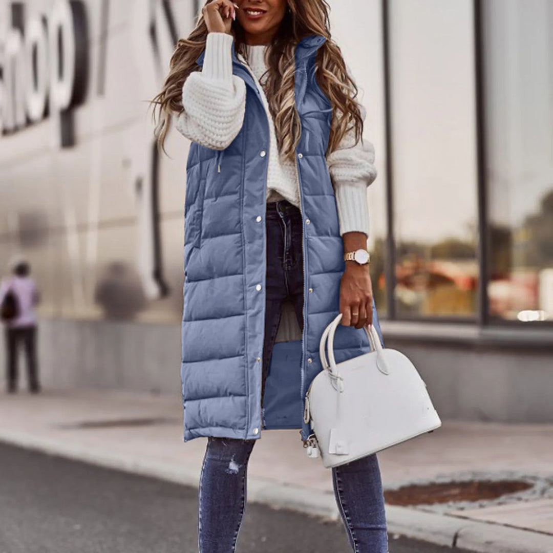 Levoire | Manteau Sans Manches Matelassé Long Avec Capuche Pour Femmes Bleu