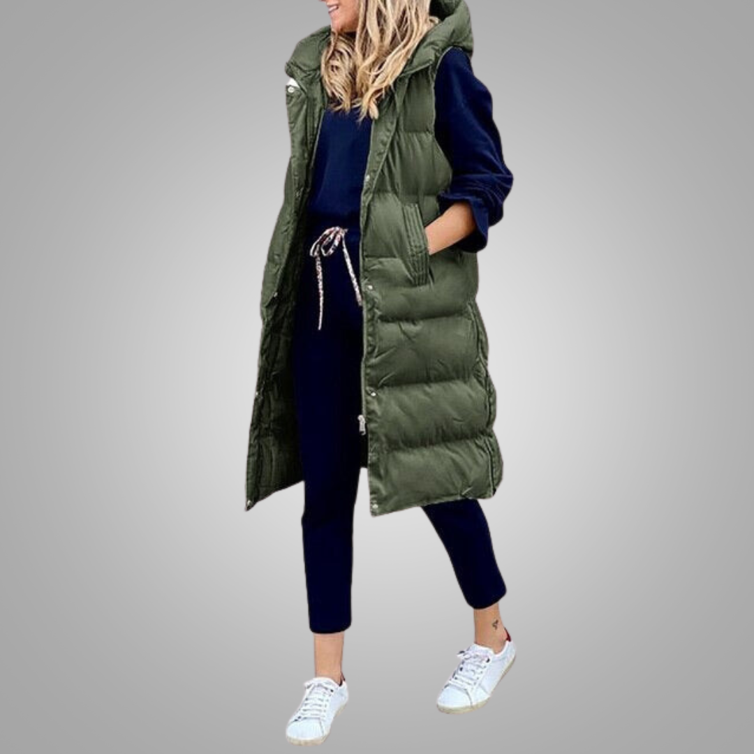 Levoire | Manteau Sans Manches Matelassé Long Avec Capuche Pour Femmes Vert