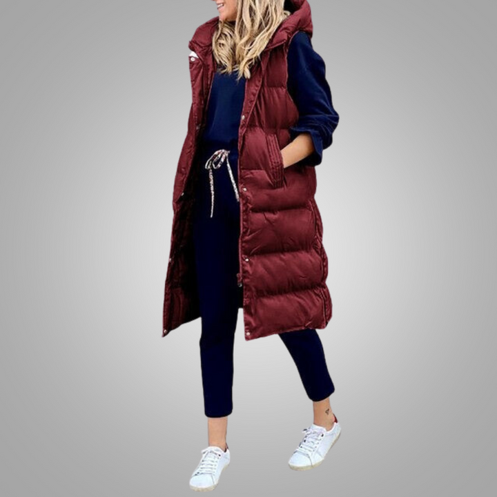 Levoire | Manteau Sans Manches Matelassé Long Avec Capuche Pour Femmes Rouge vin