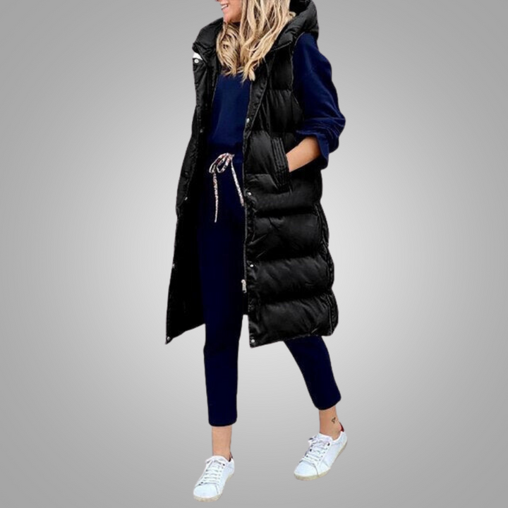Levoire | Manteau Sans Manches Matelassé Long Avec Capuche Pour Femmes Noir