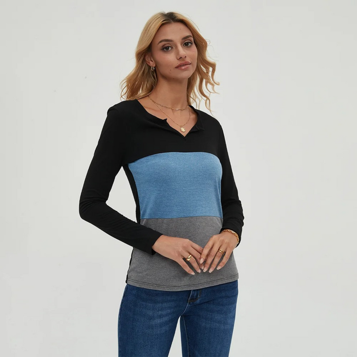 Levoire | T-Shirt Léger À Patchwork Simple Pour Femmes Avec Manches Longues Bleu-noir