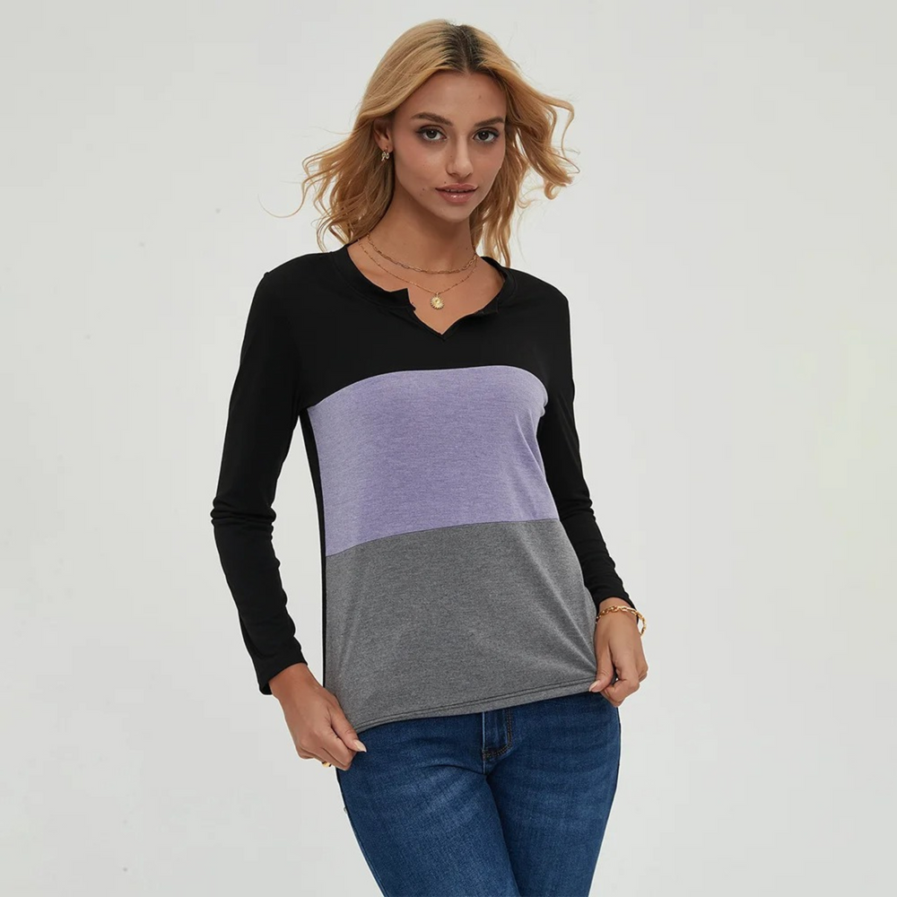 Levoire | T-Shirt Léger À Patchwork Simple Pour Femmes Avec Manches Longues Lilas-noir