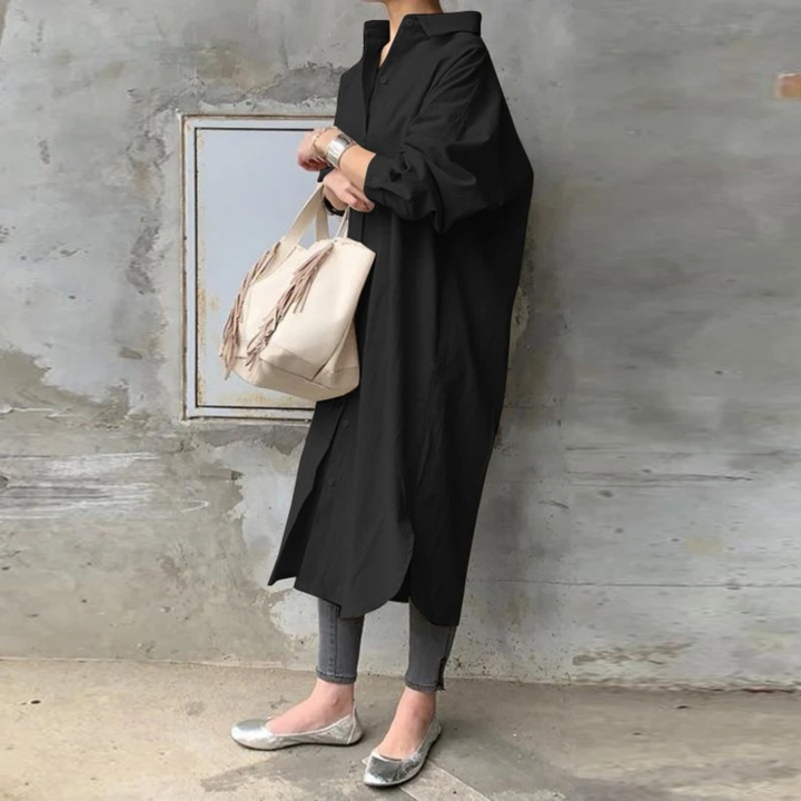 Levoire | Robe Blouse Longue Unie Avec Col Noir