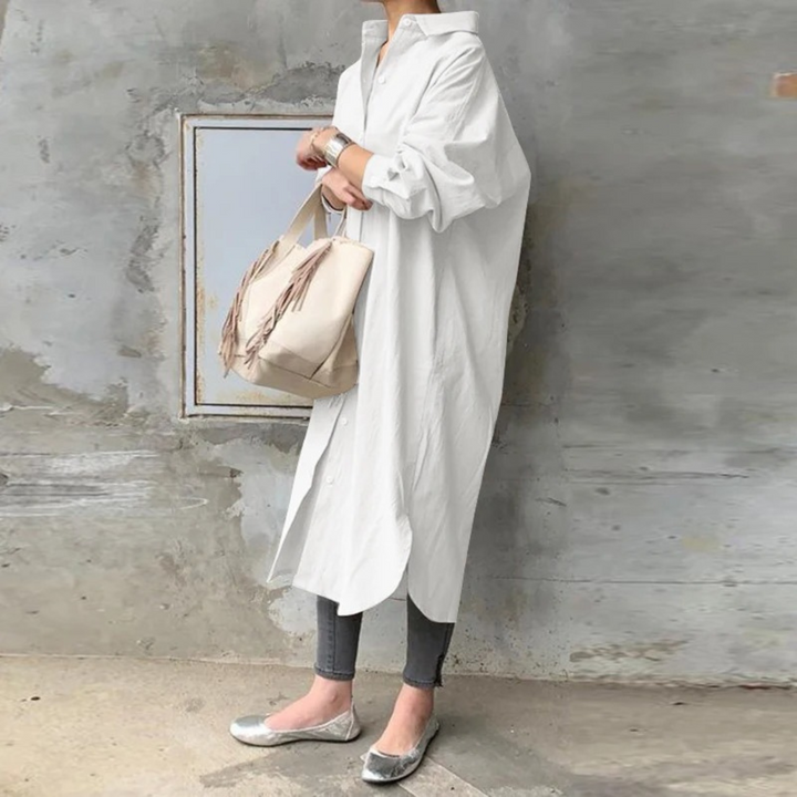 Levoire | Robe Blouse Longue Unie Avec Col Blanc