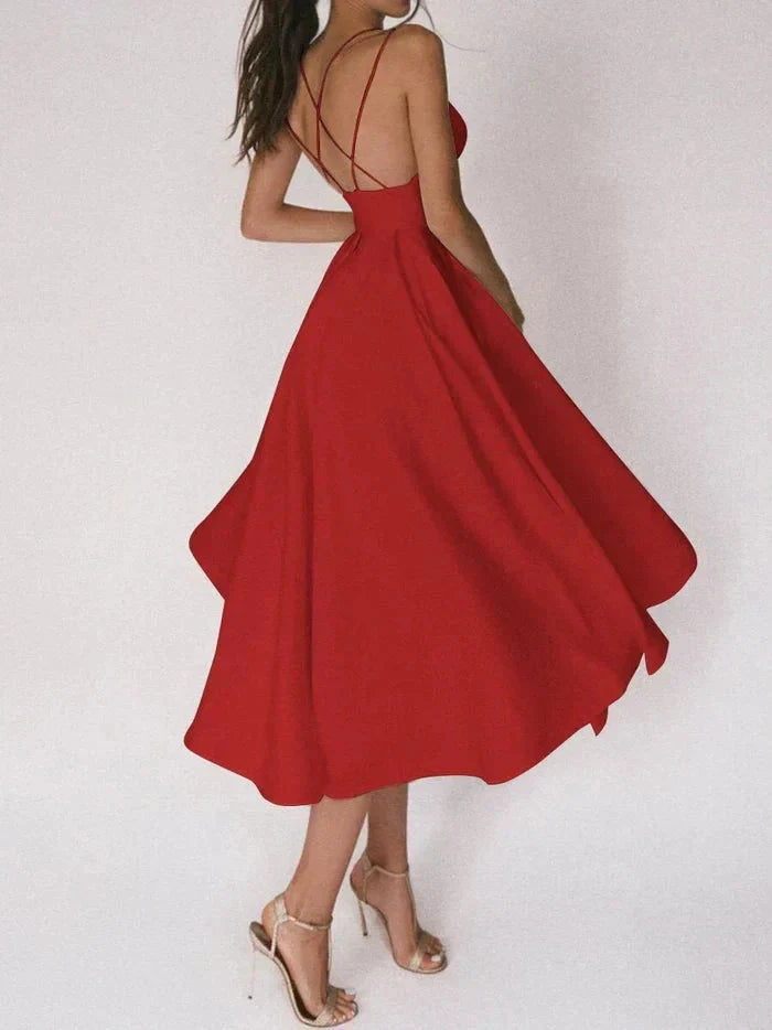 Levoire | Dos Ouvert V Neckline Ceinture Midi Robe Rot