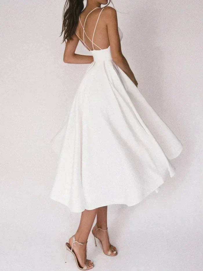 Levoire | Dos Ouvert V Neckline Ceinture Midi Robe Blanc
