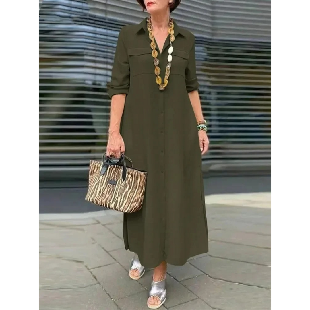 Levoire | Robe Chemise Simple Élégante Bleu À Col En V Vert