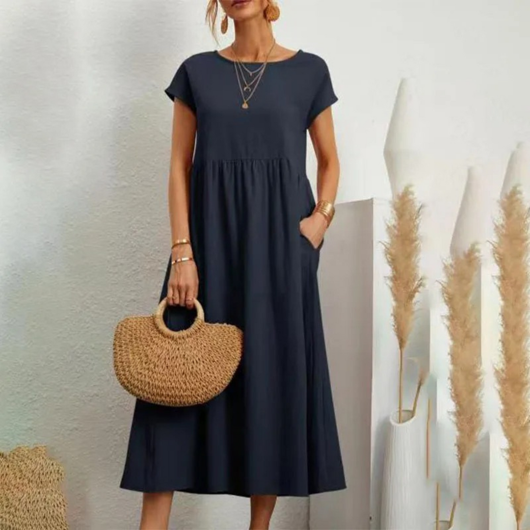 Levoire | Robe En Lin Élégante Et Confortable Avec Encolure O Bleu foncé