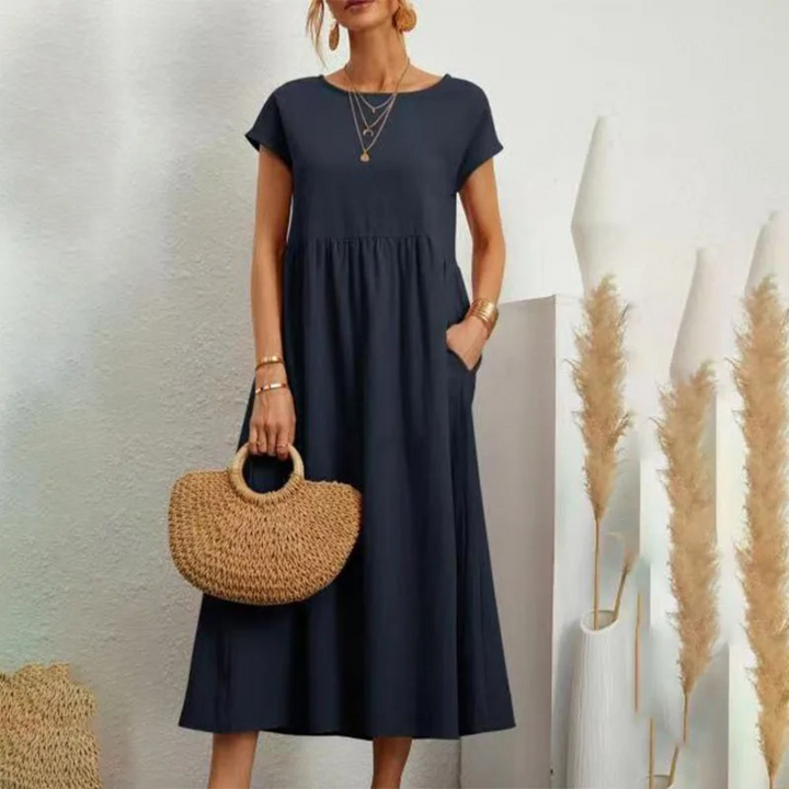 Levoire | Robe En Lin Élégante Et Confortable Avec Encolure O Bleu foncé