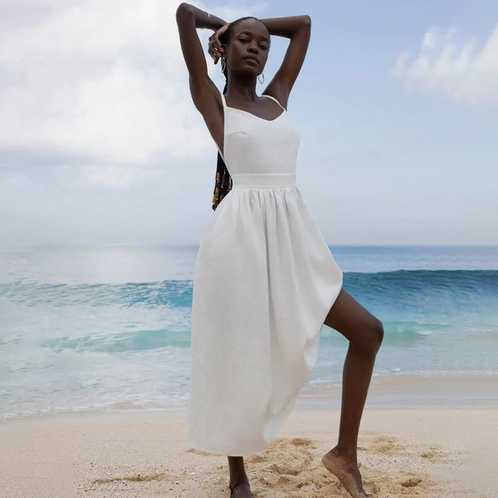 Levoire | Élégant Original Vert Confortable Robe En Lin Blanc