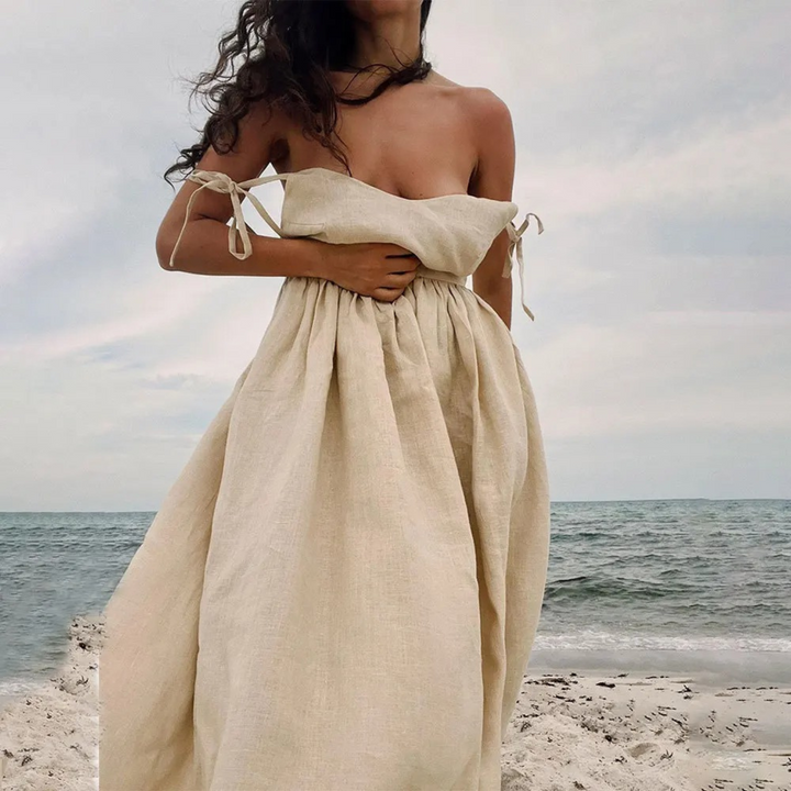 Levoire | Élégant Original Vert Confortable Robe En Lin Brun clair