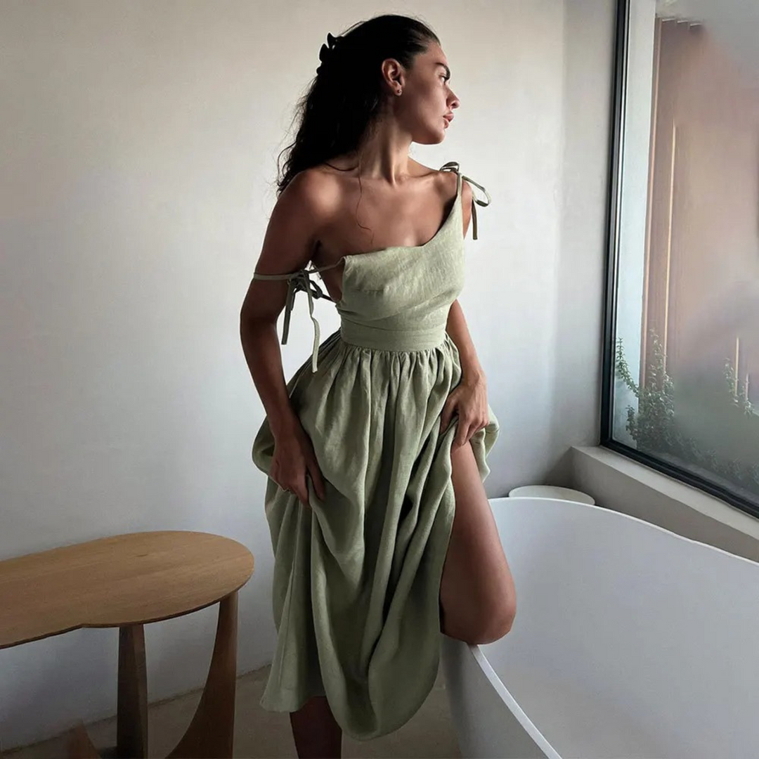 Levoire | Élégant Original Vert Confortable Robe En Lin Vert
