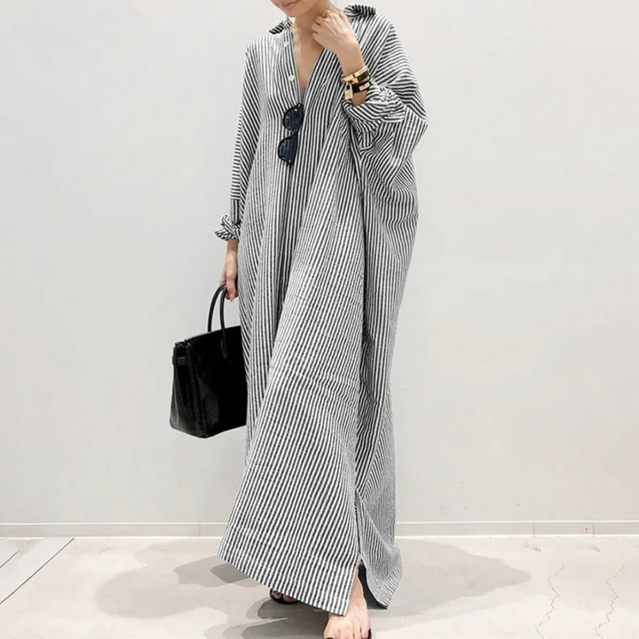 Levoire | Robe Chemise Élégante Rayée Avec Boutons Gris-blanc