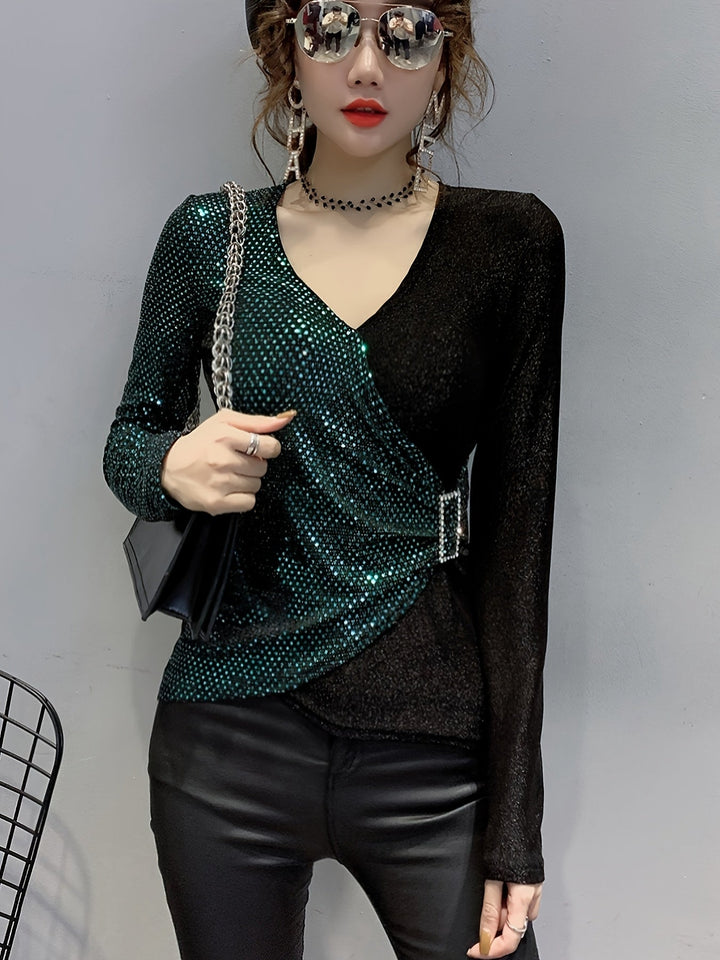 Levoire | Top Élégant En Sequins À Décolleté En V Avec Boucle Vert