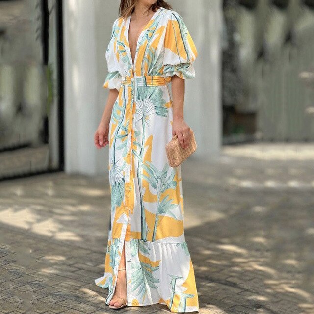 Levoire | Robe Maxi Élégante Pour Femmes Avec Imprimé Floral Jaune