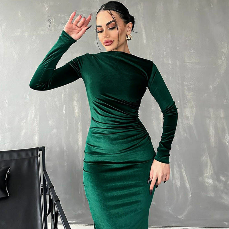 Levoire | Robe Midi En Velours Élégante Avec Manches Longues Vert