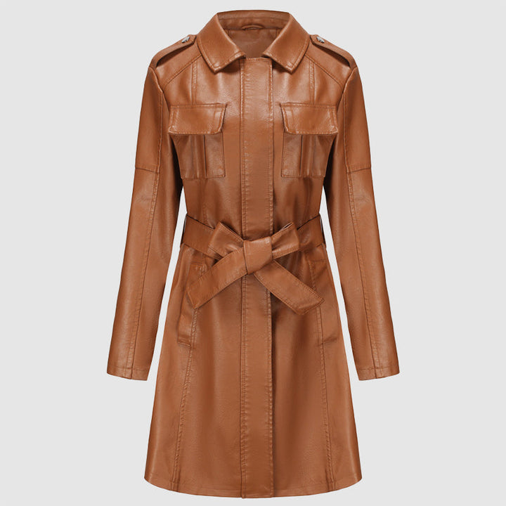 Levoire | Veste En Cuir Taille Moyenne Pour Femmes Avec Ceinture Khaki