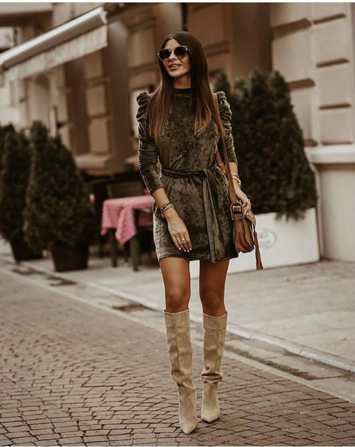 Levoire | Robe En Velours Robe Élégante Avec Manches Bouffantes Pour L'Automne Gris foncé