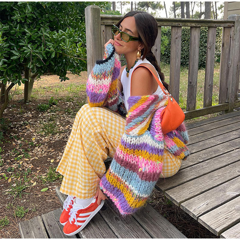 Levoire | Cardigan À Carreaux Avec Des Rayures Arc-En-Ciel