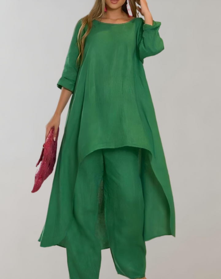 Levoire | Tunique Robe Et Pantalon Ensemble 2 Pièces Moderne Élégant Accessoire Vert