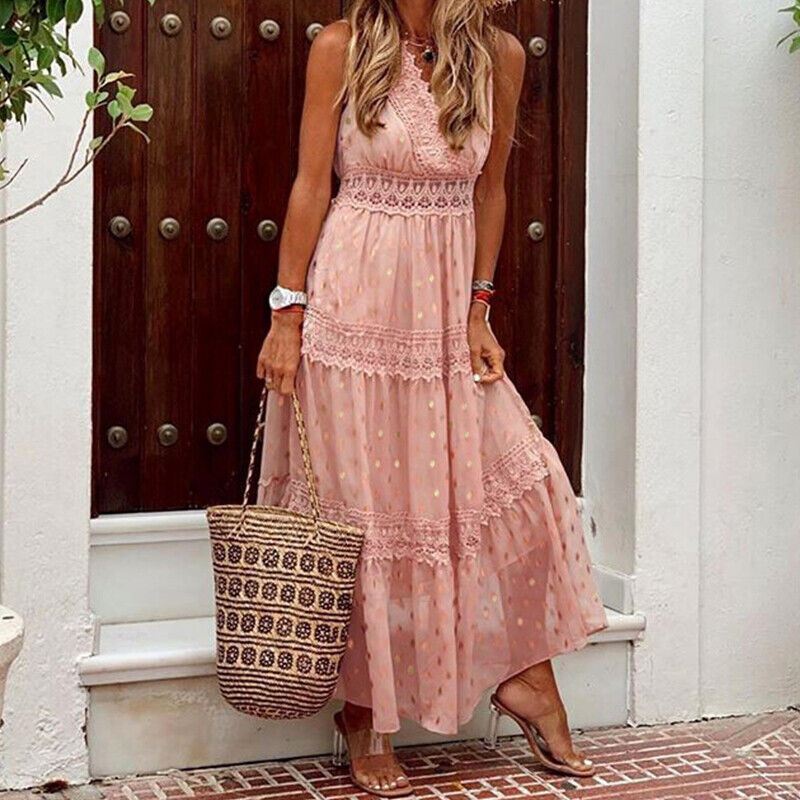 Levoire | Robe Maxi Belle Boho En Dentelle Robe D'Été Pour Toutes Les Occasions Rose