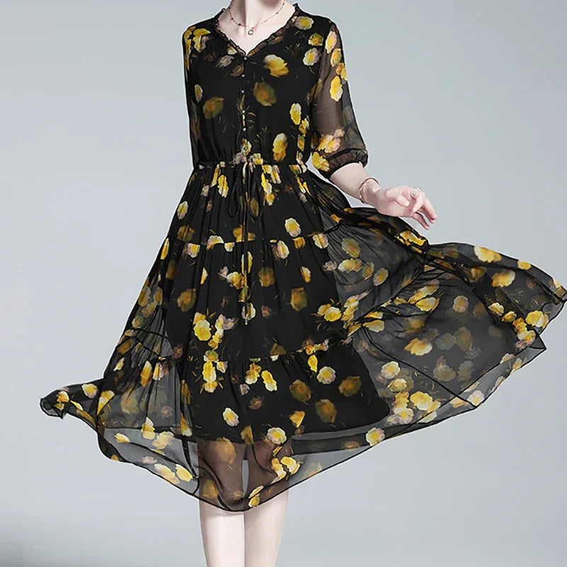 Levoire | Robe en mousseline florale pour femmes - Noir