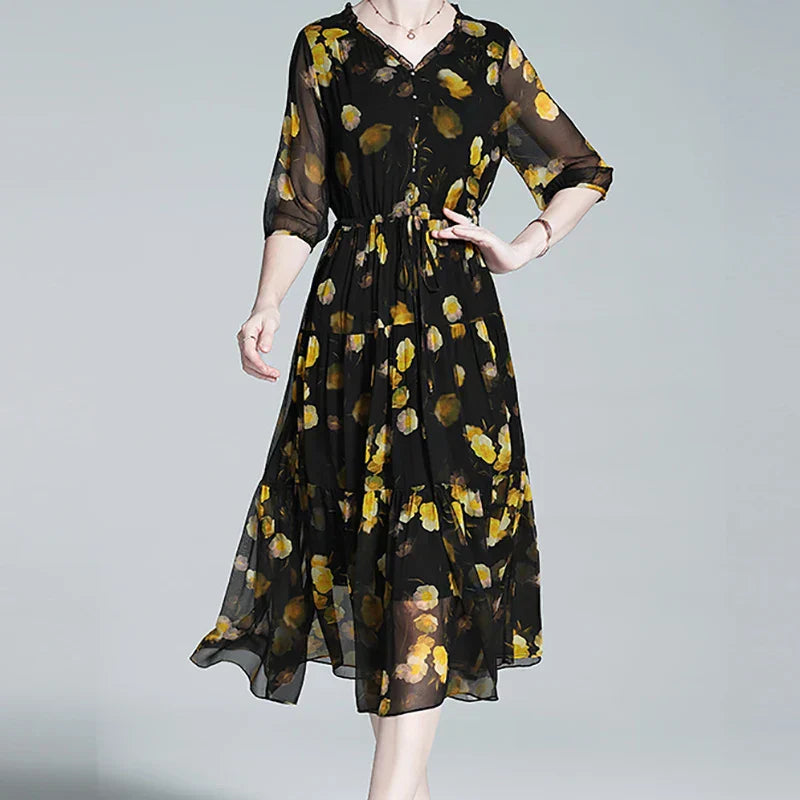 Levoire | Robe en mousseline florale pour femmes - Noir
