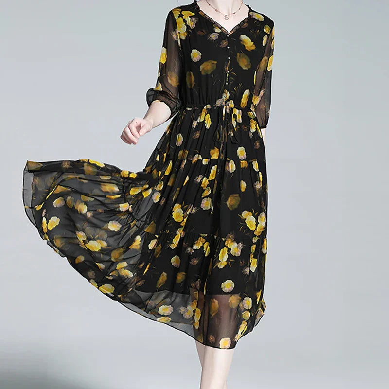 Levoire | Robe en mousseline florale pour femmes - Noir