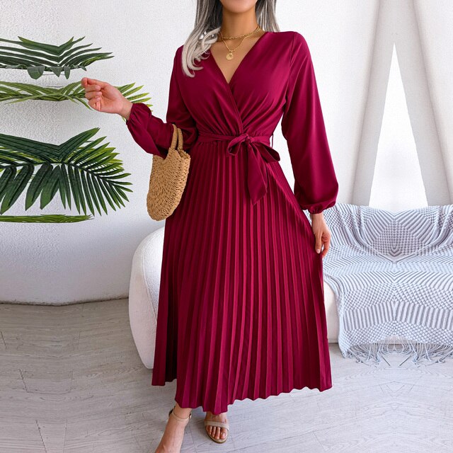 Levoire | Robe Élégante À Col En V Plissée Pour Femmes Rot