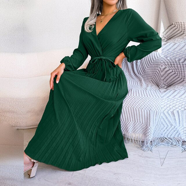 Levoire | Robe Élégante À Col En V Plissée Pour Femmes Vert