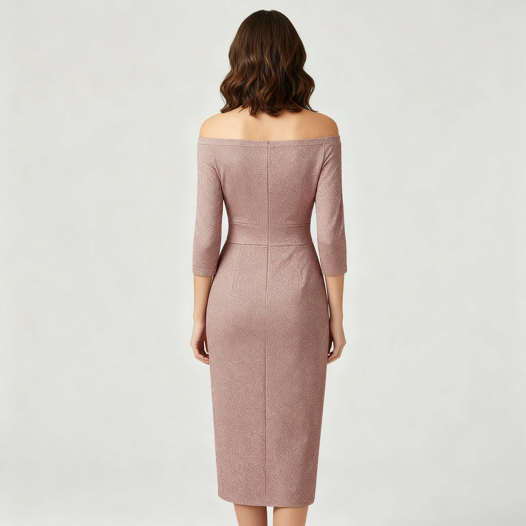 Robe élégante pour invitée de mariage épaules dénudées longue satin | Avriane