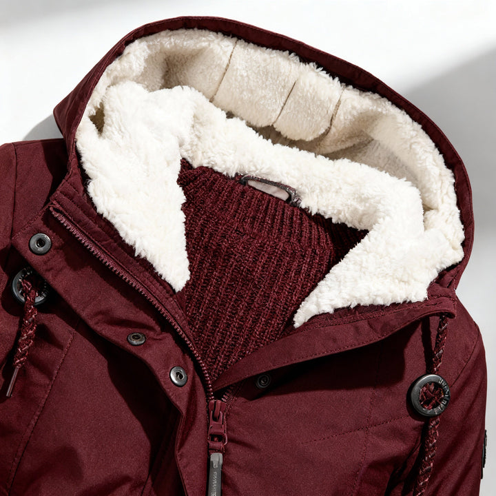 Manteau d'hiver à capuche mi-long ajusté et chaud pour femmes | Avriane