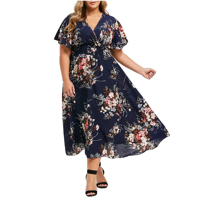 Levoire | Robe Longue Pour Femmes Fleurs Chiffon bleu marine