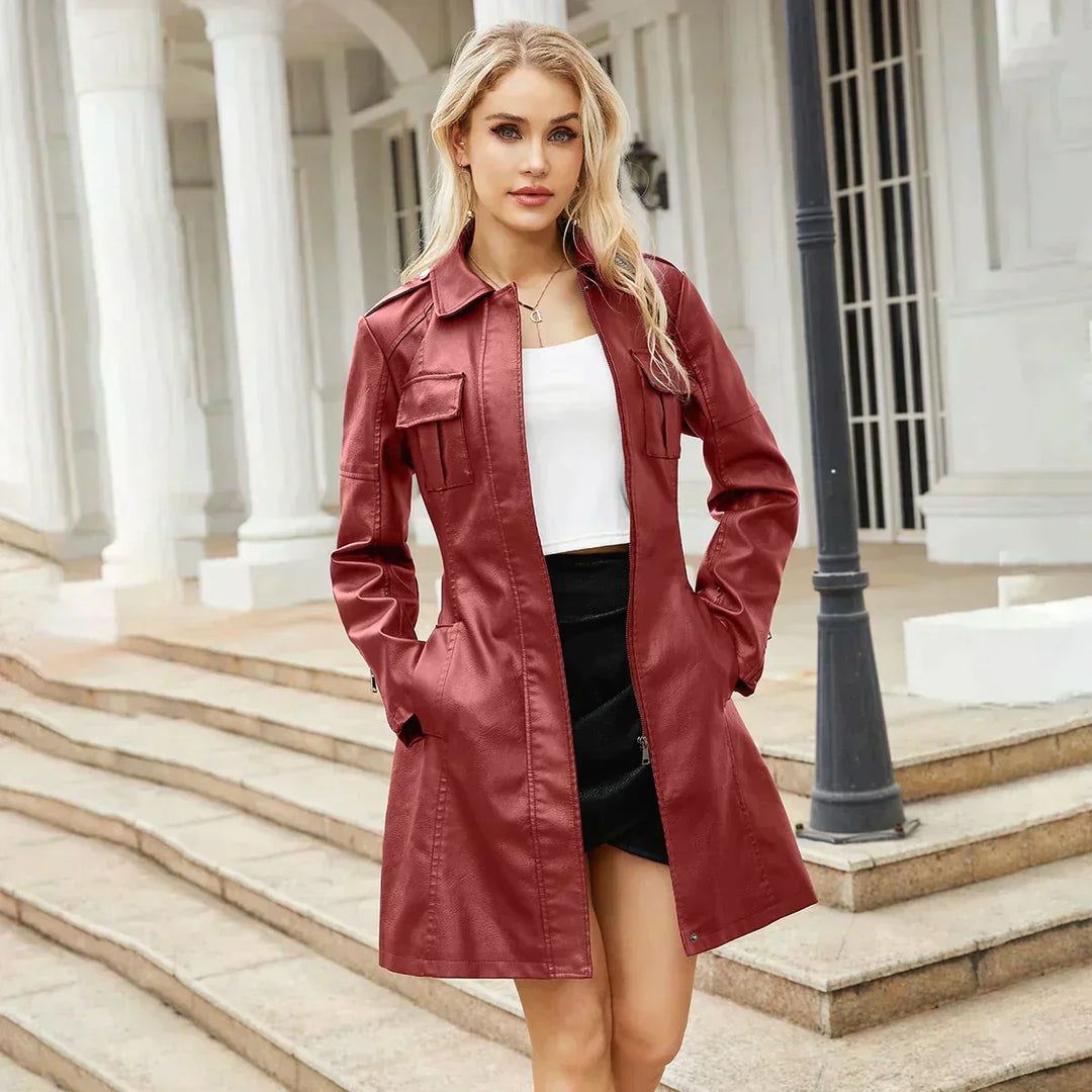 Levoire | Veste En Cuir Mi-Longue Ceinturée Veste En Cuir Longue Veste En Cuir Pour Femmes Rot
