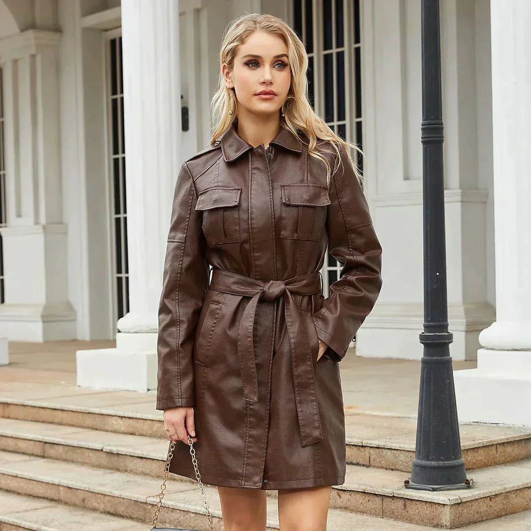 Levoire | Veste En Cuir Mi-Longue Ceinturée Veste En Cuir Longue Veste En Cuir Pour Femmes Braun