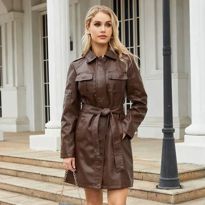 Levoire | Veste En Cuir Mi-Longue Ceinturée Veste En Cuir Longue Veste En Cuir Pour Femmes Braun