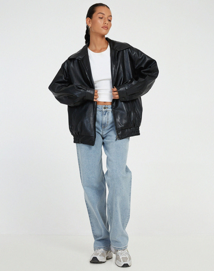 Levoire | Veste En Cuir Grande Taille Fermeture Éclair Bomber Veste En Cuir Femmes Noir
