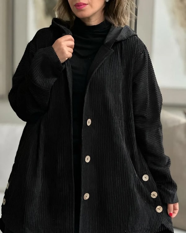 Levoire | Vestes À Capuche Élégantes Grande Taille Avec Boutons Noir