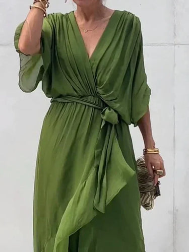 Levoire | Robe Mi-Longue En Chiffon Vert À Décolleté En V