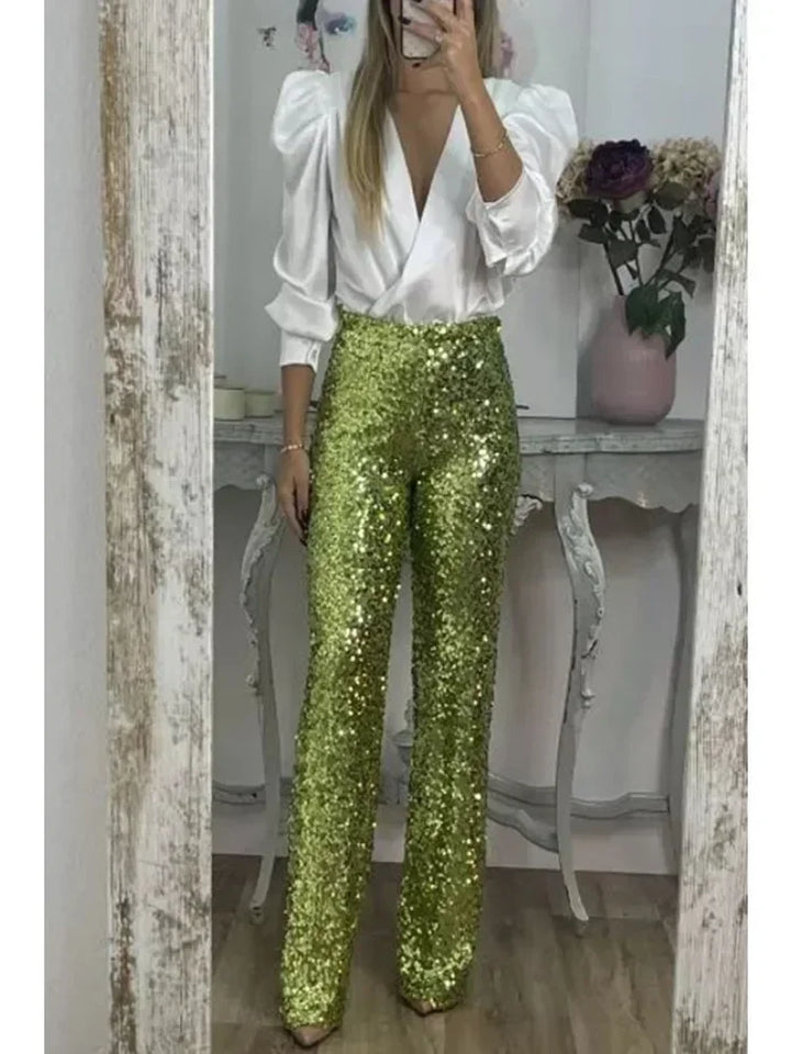 Levoire | Pantalon Brillant Évasé Pantalon À Paillettes Femme Vert