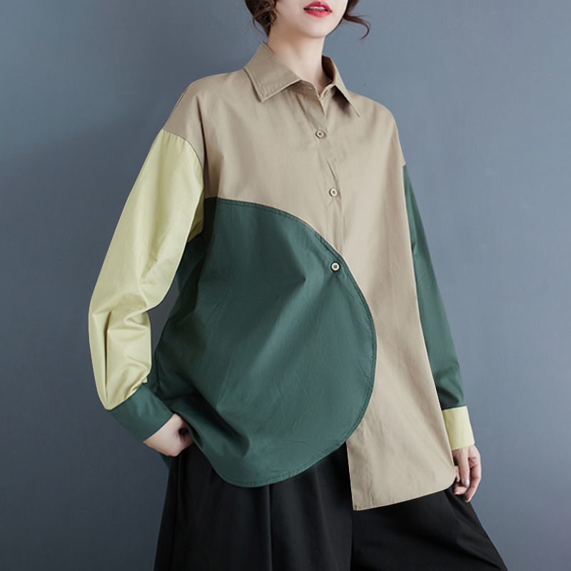 Levoire | Blouse En Patchwork Asymétrique À Manches Longues Khaki