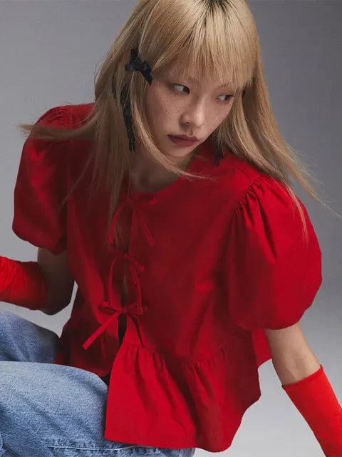 Levoire | Blouse mignonne avec nœud à l'avant Rouge