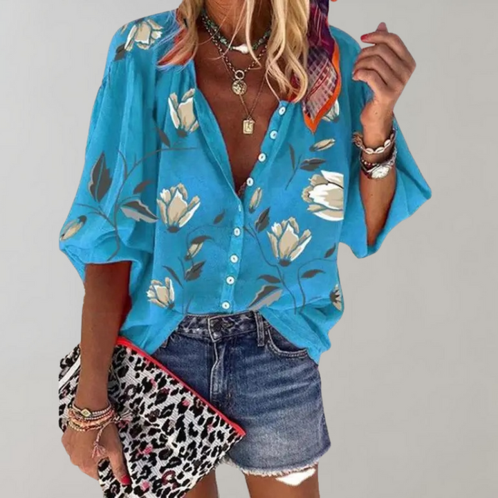 Levoire | Blouse Élégante À Motif Floral Avec Boutons Pour Femmes Bleu